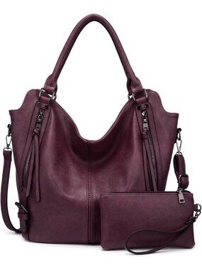 Women's Burgundy PU Leather Tote Large Hobo Shoulder Purse Adjustable Handbag